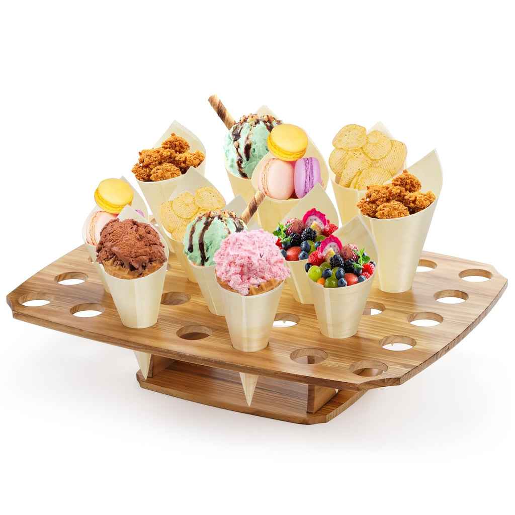 Ice Cream Cone Holder Stand with 100pcs Wooden Cones, 35 Holes Ice Cream Stand, Charcuterie Cones for French Fry Holder, Waffle Cones, Food Display, Catering Supplies, 12"x16"