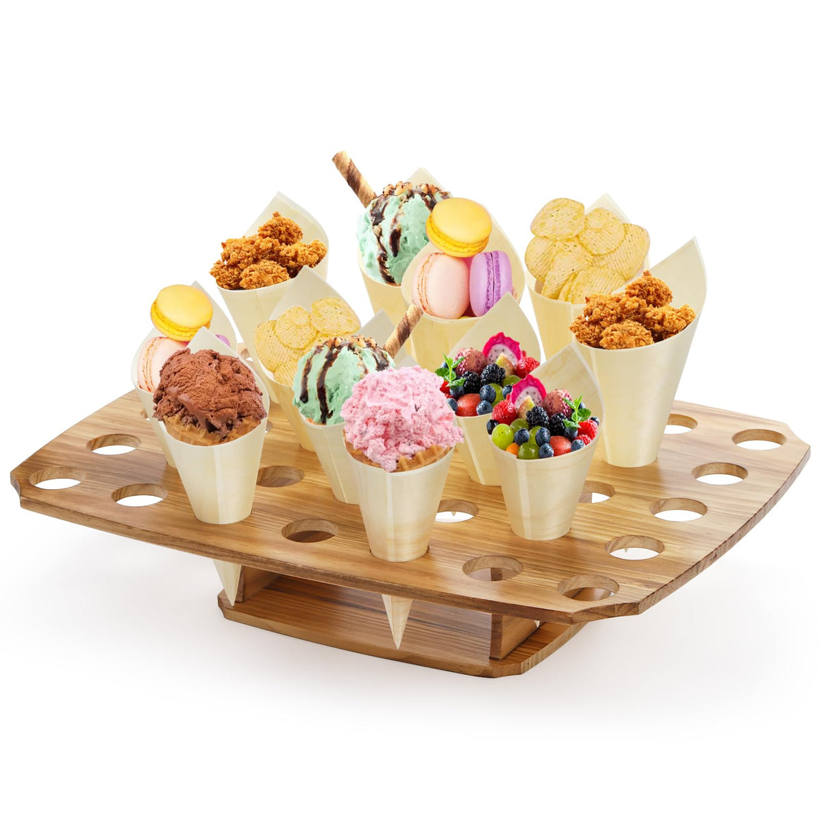 Ice Cream Cone Holder Stand with 100pcs Wooden Cones, 35 Holes Ice Cream Stand, Charcuterie Cones for French Fry Holder, Waffle Cones, Food Display, Catering Supplies, 12"x16"