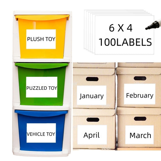 Removable Waterproof Labels for Storage Bins - 100 4" x 6" Organizing Name Label for Containers Stickers for Shipping Packing, Kitchen Storage, Proof-Water/Oil, Sticky Large Labels for Moving Boxes storage bins labels 100 pcs