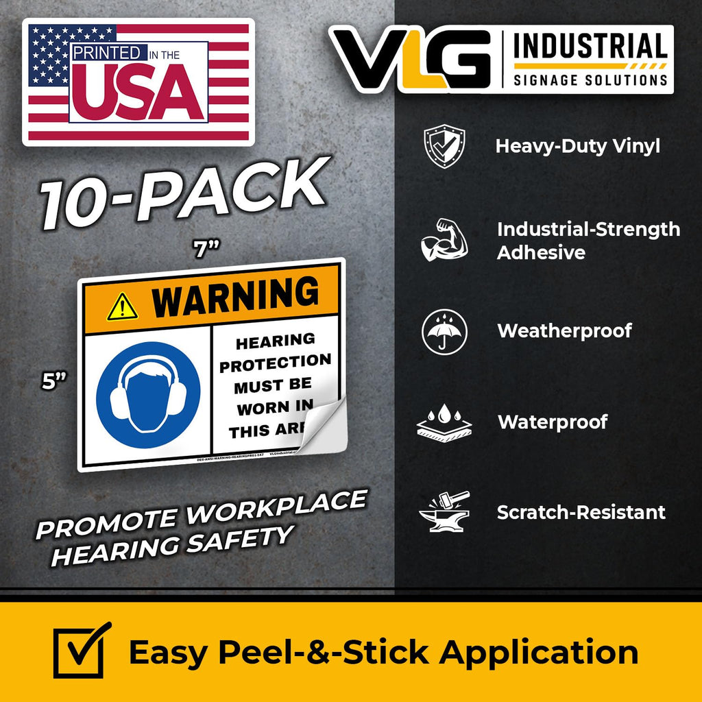 WARNING Hearing Protection Must Be Worn In This Area Sign Label – 5"x7" ANSI Z535 OSHA Style Safety Sticker – Heavy Duty Waterproof Vinyl with Aggressive Adhesive – Industrial PPE Decal Pack of 10