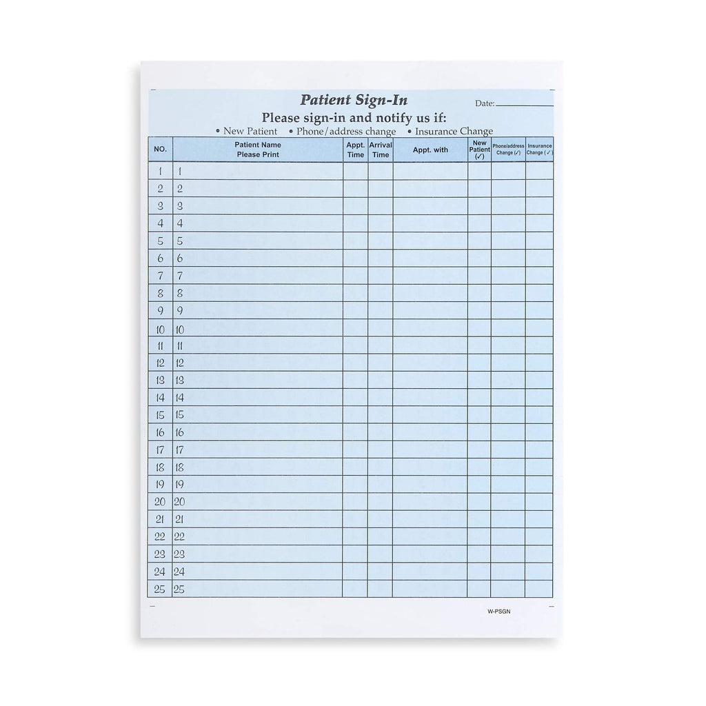 Blue Summit Supplies 25 patient sign-in forms with peel-away adhesive labels, HIPAA compliant medical filing supplies in blue.
