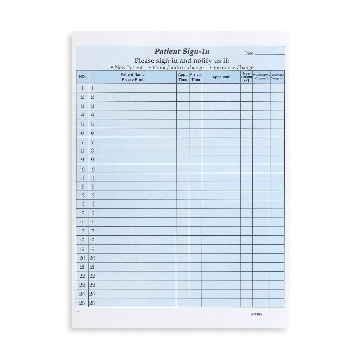 Blue Summit Supplies 25 patient sign-in forms with peel-away adhesive labels, HIPAA compliant medical filing supplies in blue.