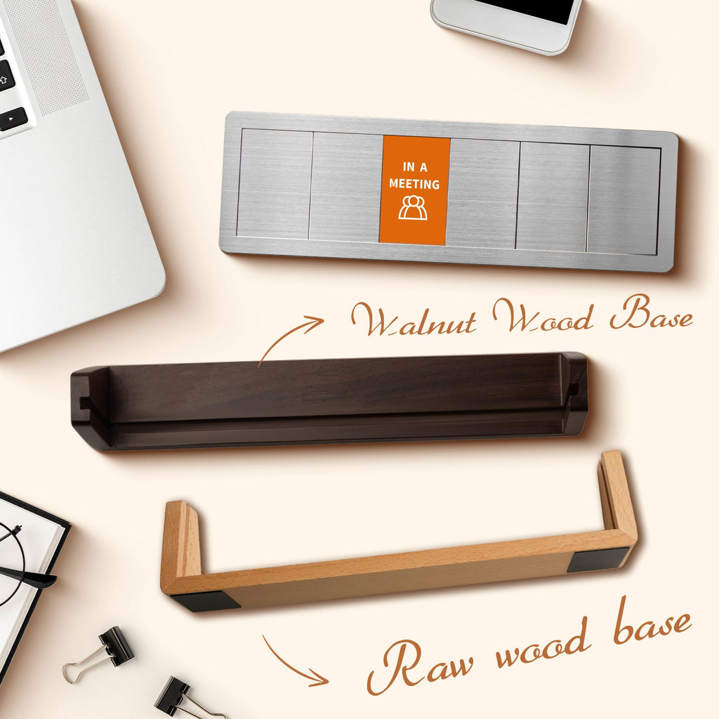 Office Desk Sign for 6 Options Slider, with Raw Wood Base, Available Spinner 3-Raw-Available