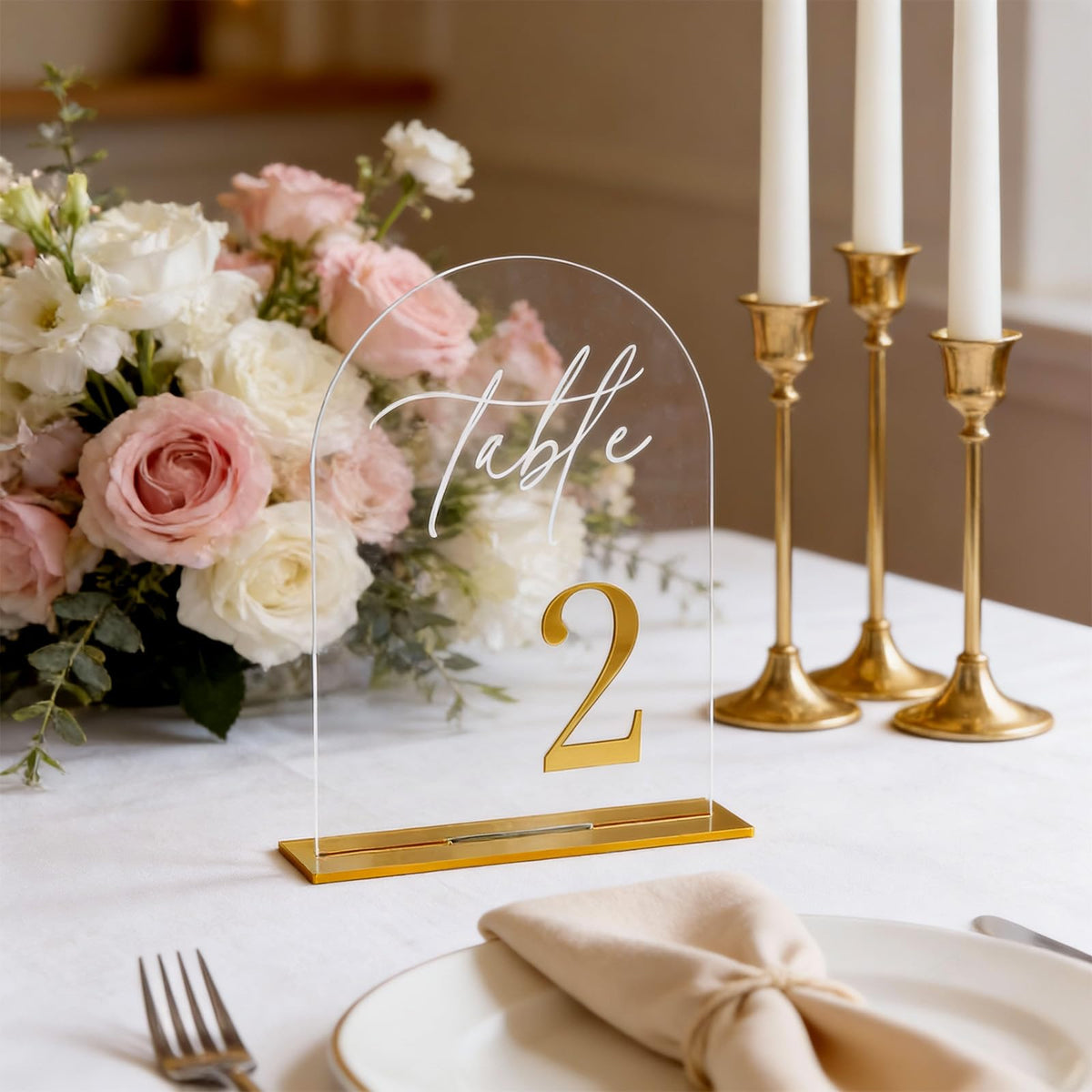 12Pcs Arch Wedding Table Numbers 1-12 with Stands, 5.5" X 7.2" Gold Table Numbers Elegant Clear Acrylic Tables Number with Golden Text for Wedding Reception, Anniversary, Banquet, and Event Decor