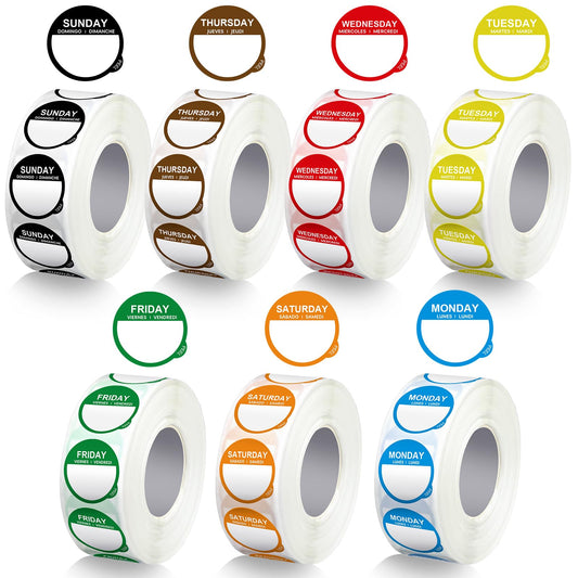 7000 Pcs Day of The Week Labels Food Labels Monday Through Sunday Management Inventory Stickers Removable Weekly Self Adhesive Date Dot Stickers for Restaurant Kitchen Containers Dispenser Round