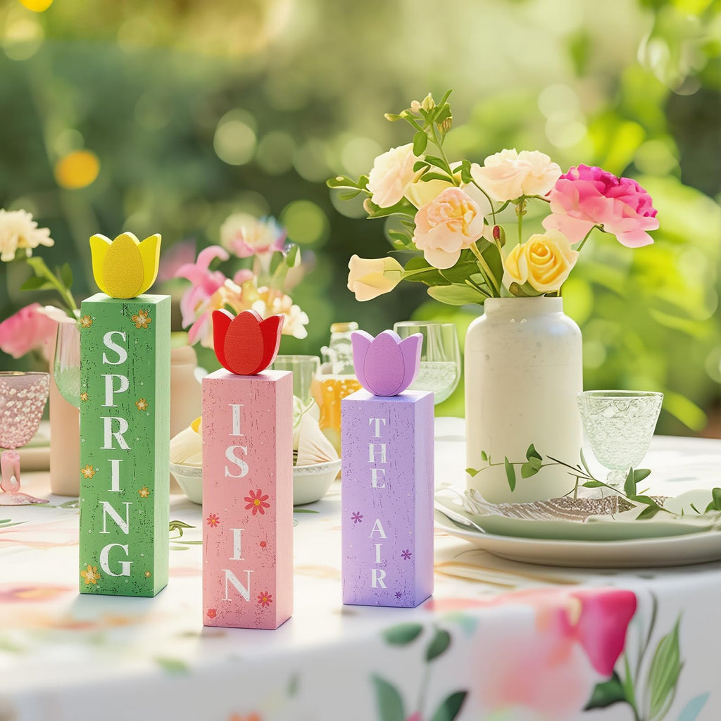 3 Pcs Spring Tulips Wood Table Decor Tulip Flower Block Signs Hello Spring Flowers Table Centerpieces Tulips Spring Holiday Decoration for Home Kitchen Office Desk Easter Decor Spring Tulip