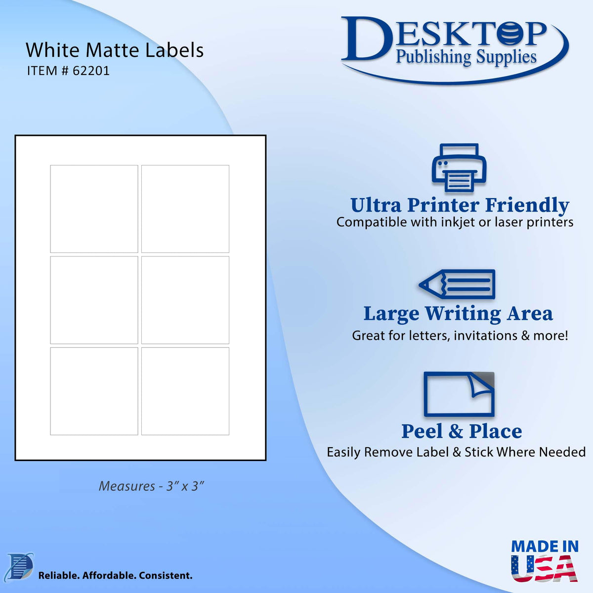 White Adhesive Square Labels, 3" x 3" - 100 Sheets / 600 Stickers - White Matte Finish Printable Square Labels Sheets for Inkjet/Laser Printers