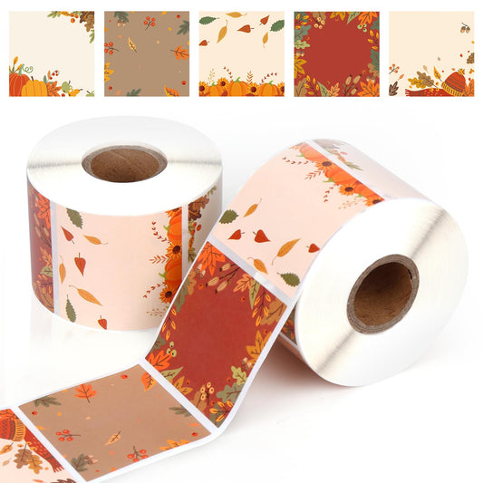 2 in Square Name Tag Thermal Labels - Autumn Sticker Paper - Harvest Fall Maple Leaves Pumpkins Mushrooms - Waterproof Scratch-Resistant DIY Thermal Printer Paper - Barcode Label - 5 Styles Autumn 1