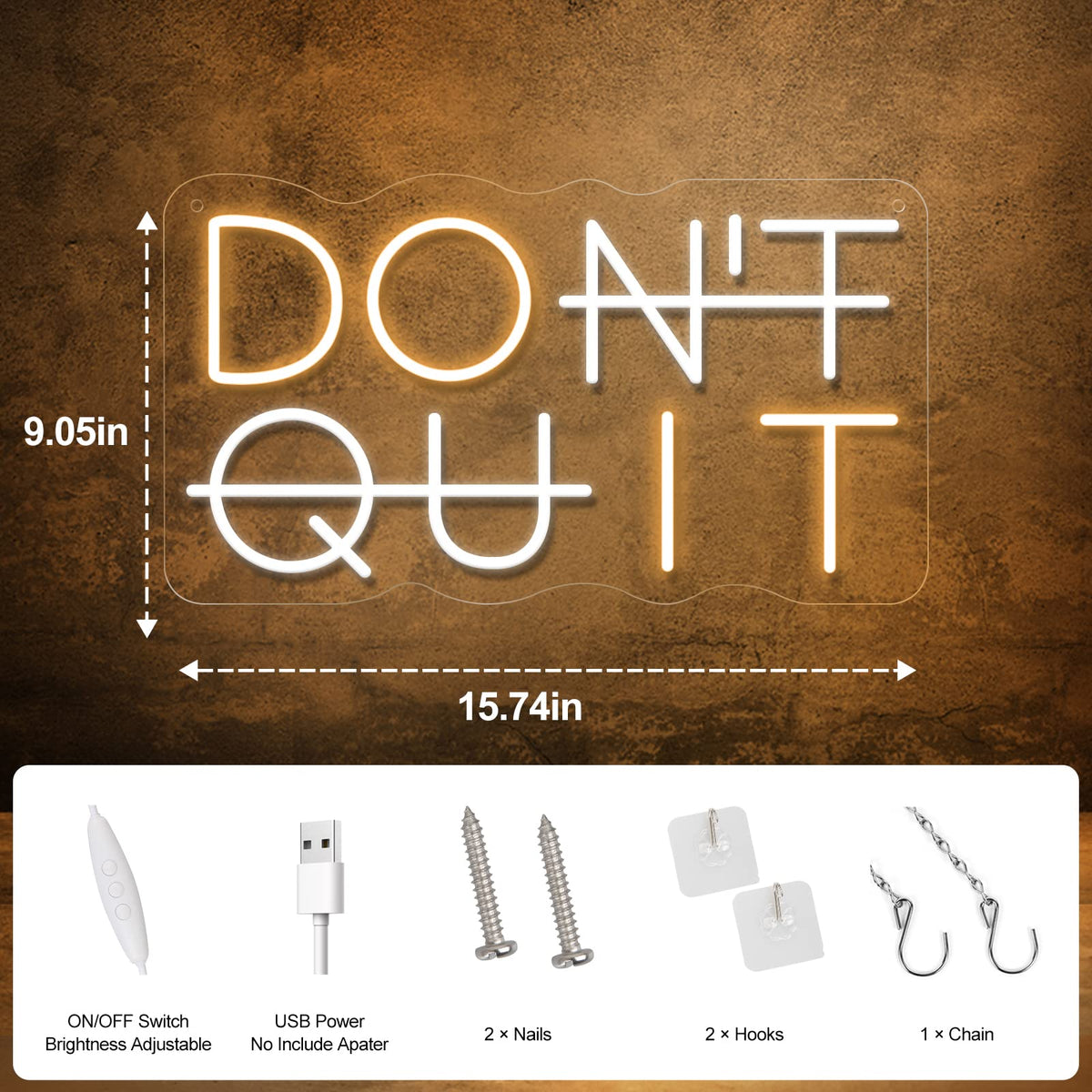 Don't Quit LED Neon Sign for Wall Decor, DO IT Neon Lights Party Decorations, USB Powered Switch Neon Lights lighting adjustable for Office Room, Gym Room, Man Cave, Gamer Room DQ-Yellow&White