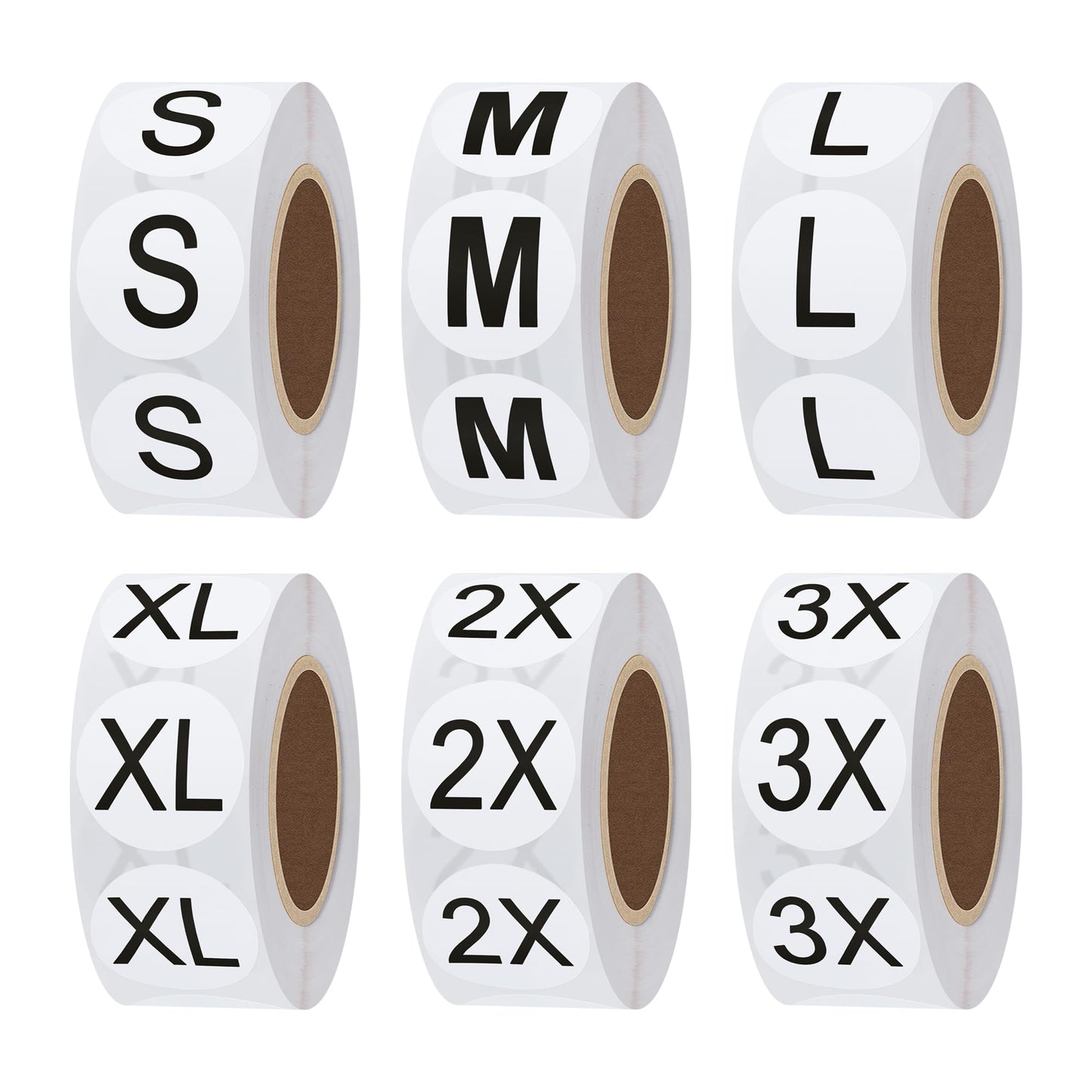 HYBSK Clothing Size Stickers White Round Labels for Retail Apparel S M L XL 2X 3X Total 6 Rolls (S-3X) S-3x