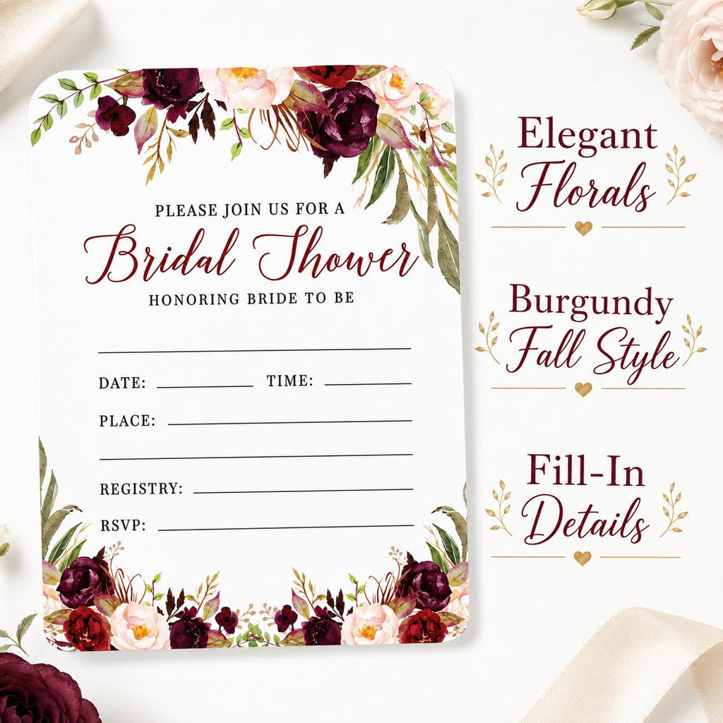 Andaz Press Fall Autumn Burgundy Maroon Floral Flowers, 5X7-Inch Fill in The Blank Bridal Shower Invitations with Envelopes, 24-Pack, Includes Cards & Envelopes Fall Bridal Shower Invitations