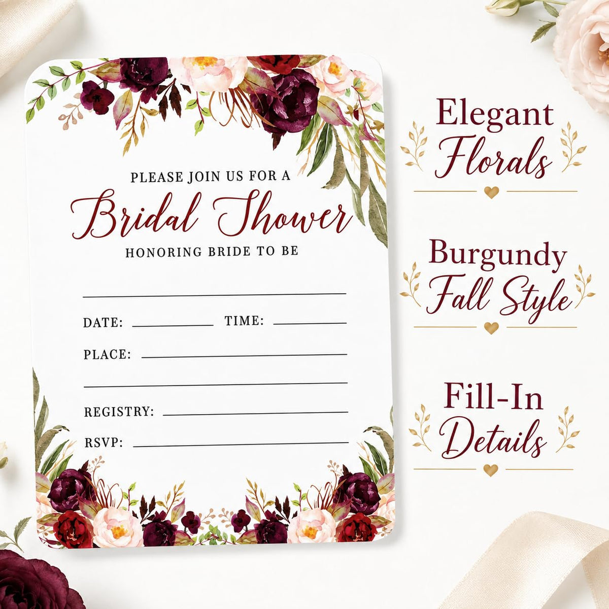 Andaz Press Fall Autumn Burgundy Maroon Floral Flowers, 5X7-Inch Fill in The Blank Bridal Shower Invitations with Envelopes, 24-Pack, Includes Cards & Envelopes Fall Bridal Shower Invitations