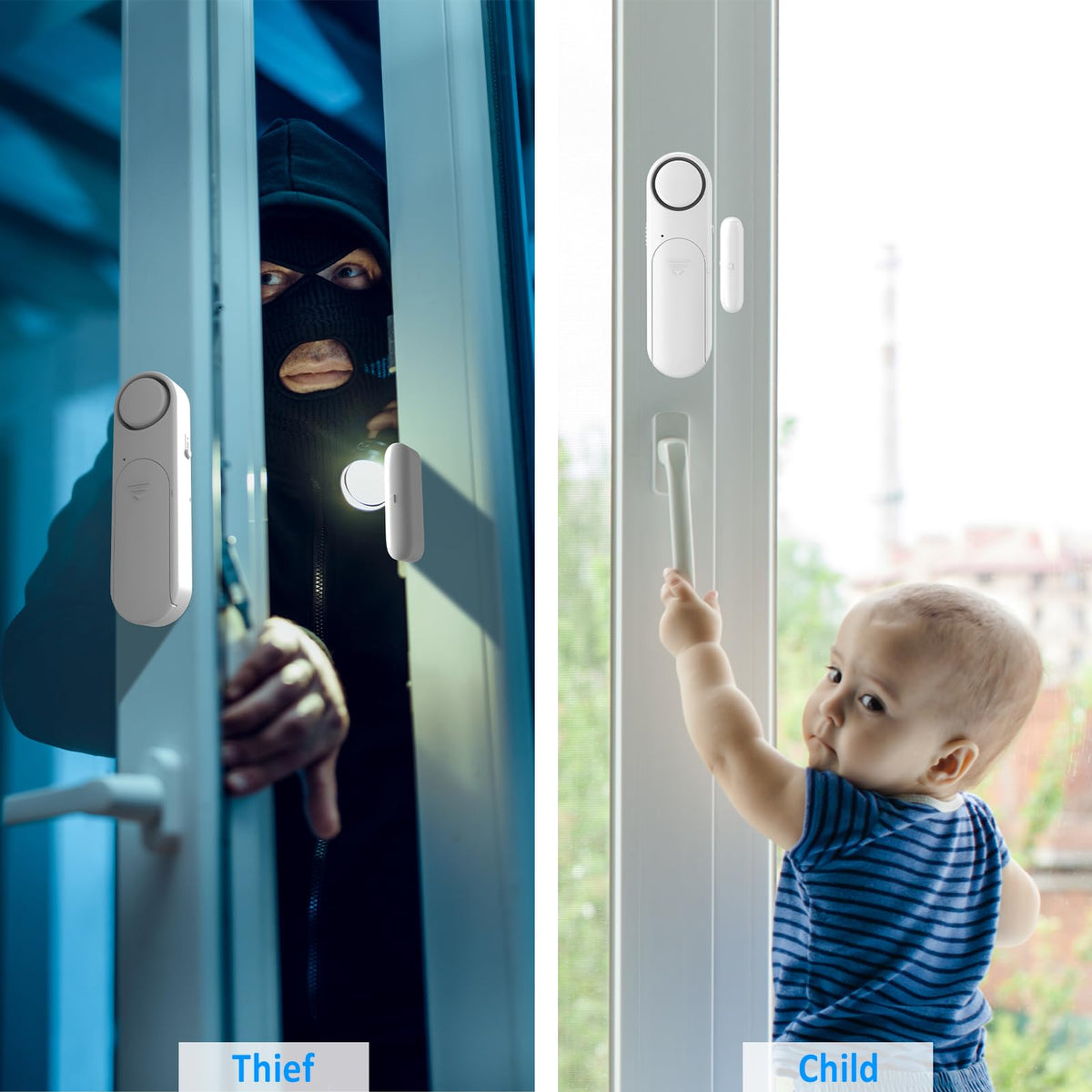 2-Pack Window and Door Alarms When Opened for Kids Safety/Dementia Safety/Home Security, Wireless Sliding Front Door Opening Sensor Alarm with Remote, 120dB Burglar Alert for House/Bedroom/Apartment 2 Sensor + 2 Remote White