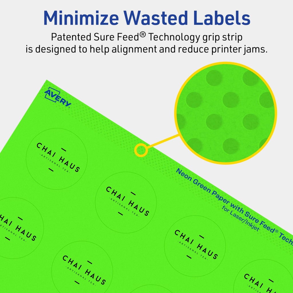 Avery Printable Round Labels, Sure Feed Technology, 1-1/2" Diameter, Neon Green Labels, Print-to-The-Edge, Laser/Inkjet Printable, 400 Total, Great for Stickers and Candles 400 labels