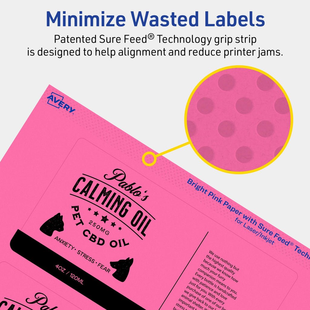 Avery Printable Rectangle Labels, Sure Feed Technology, 3" x 6", Bright Pink Labels, Print-to-The-Edge, Laser/Inkjet Printable, 60 Total, Great for Shipping and Product Merchandising 60 labels