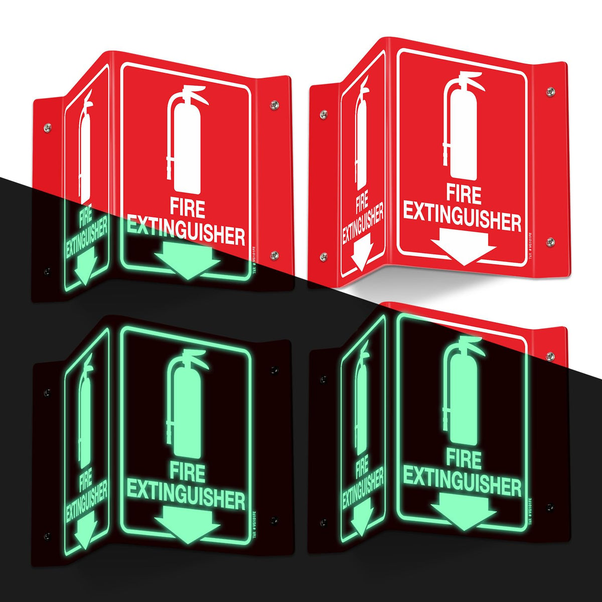 T&R Fire Extinguisher Sign, Fire Extinguisher with Down Arrow - 4 Pack - 8 x 6 Inches Glow-In-The-Dark Acrylic, 4 pre-drilled holes, Includes Matching Screws, Use for Home Office/Business V - 4 Pack - Glow In The Dark
