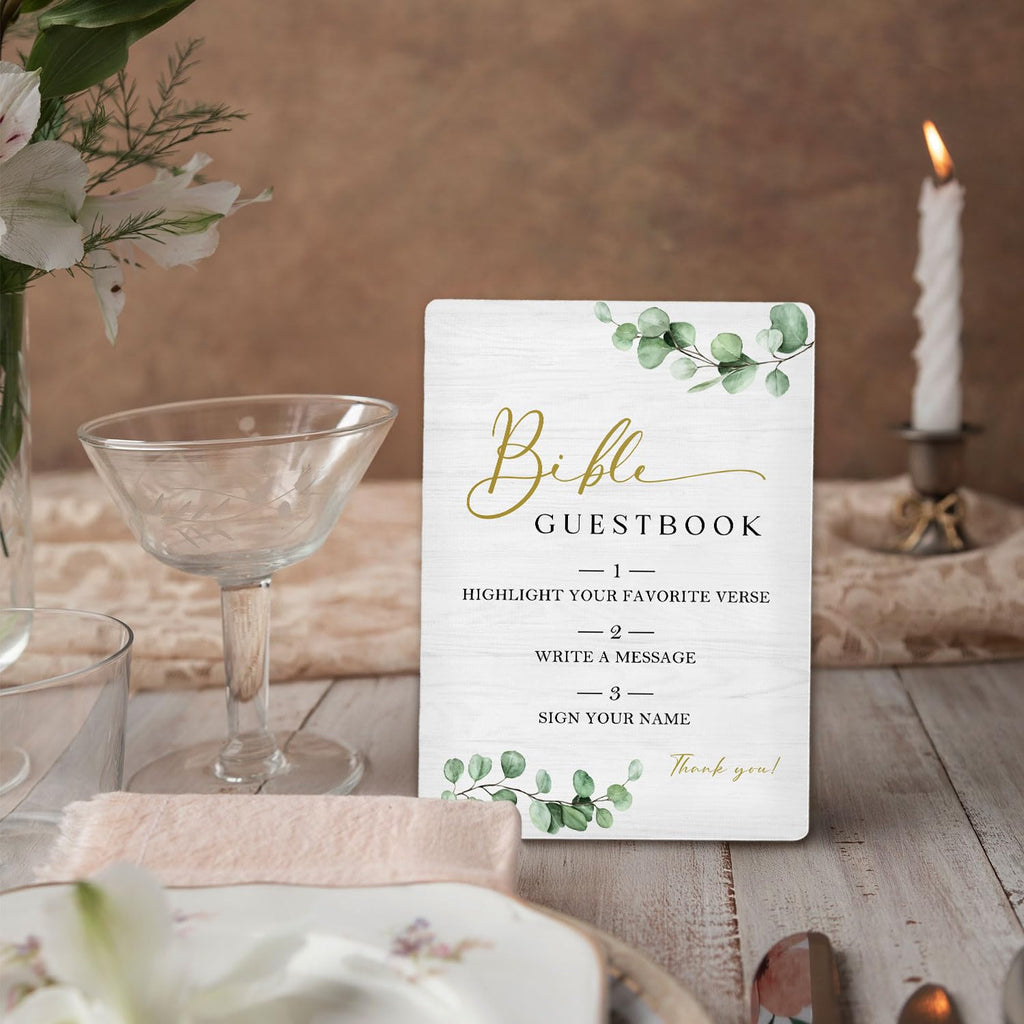 Bible Guest Book Sign 5"X7", Wedding Bible Guest Book Wooden Stand Sign, Wedding Table Decor for Ceremony & Reception (Green Leaves, 5x7 Inch) 5"X7" Green Leaves
