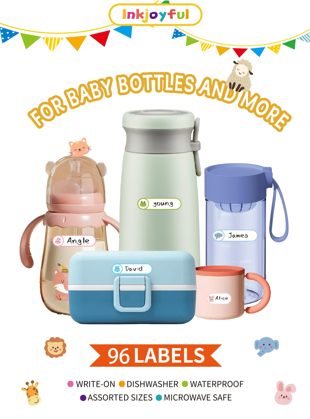 Baby Bottle Labels for Daycare, Self-Laminating, Waterproof Write-On Name Labels, Dishwasher, Freezer, Kitchen Safe, Pack of 96