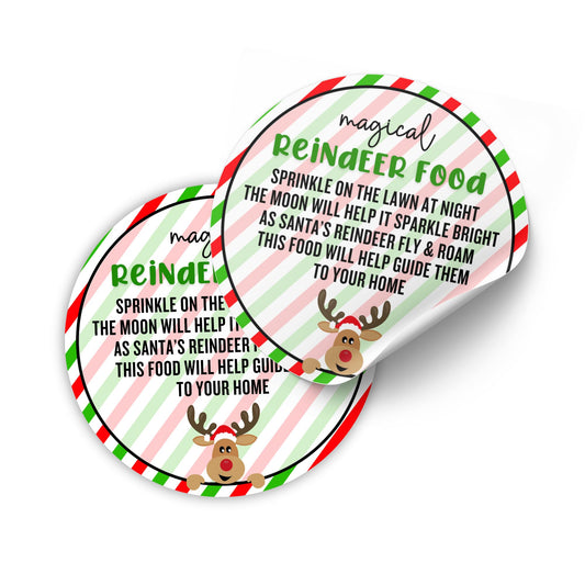 Magic Reindeer Food Holiday Sticker Tags | 40 Pack 2” Circle Label Stickers Santa Christmas DIY Baggies Poem Making Kit Elf Activity Accessories Tradition Bulk Striped Treat Labels