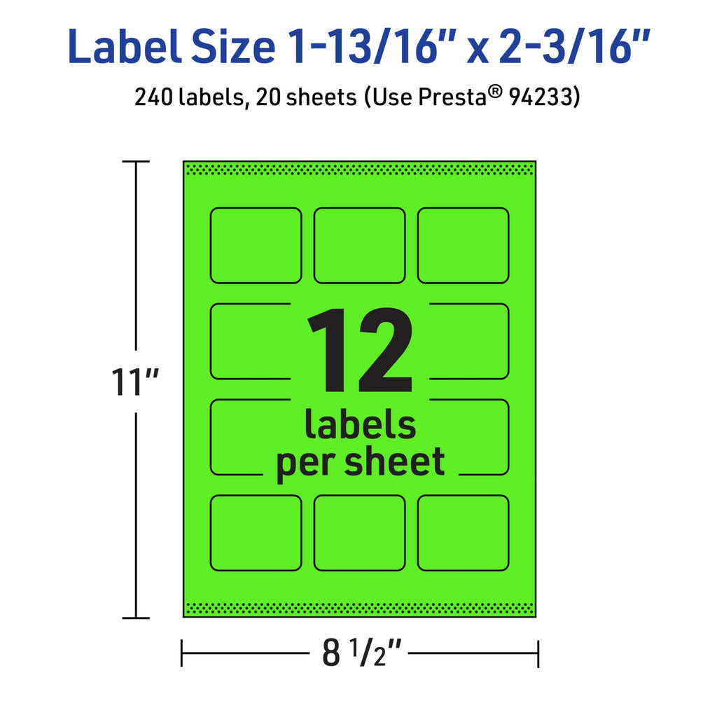 Avery Printable Rectangle Labels, Sure Feed Technology, 1-13/16" x 2-3/16", Neon Green Labels, Print-to-The-Edge, Laser/Inkjet Printable, 240 Total, Great for Mailing 240 labels
