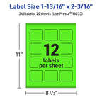 Avery Printable Rectangle Labels, Sure Feed Technology, 1-13/16" x 2-3/16", Neon Green Labels, Print-to-The-Edge, Laser/Inkjet Printable, 240 Total, Great for Mailing 240 labels