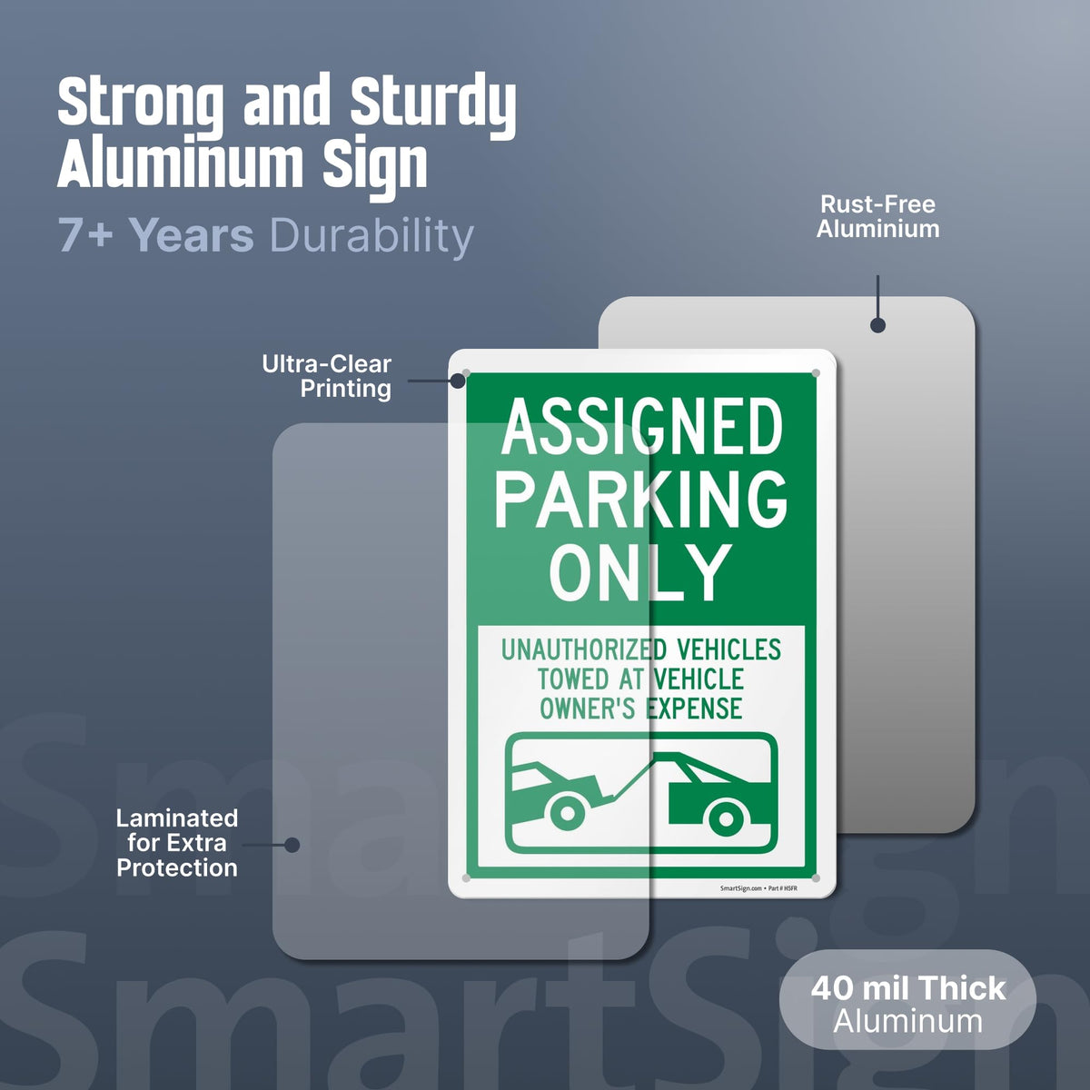 SmartSign 14 x 10 inch “Assigned Parking Only, Unauthorized Vehicles Towed” Metal Sign, 40 mil Laminated Rustproof Aluminium, White and Green, Made in USA 14x10 inches