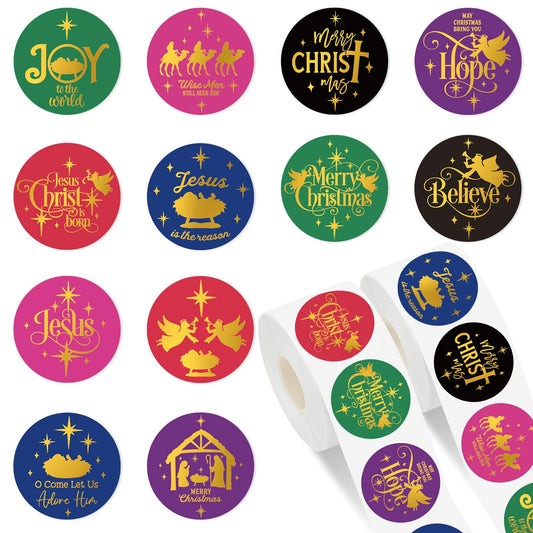 1000Pcs Gold Foil Christmas Nativity Stickers Roll Self-Adhesive Xmas Holy Night Label Stickers Decal for Holiday Party Favor Decor, 12 Designs