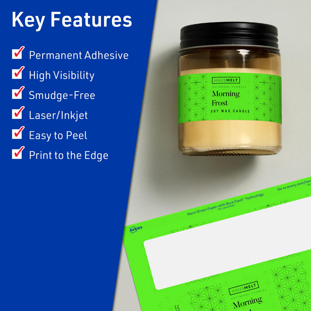Avery Printable Rectangle Labels, Sure Feed Technology, 1-1/2" x 7-1/2", Neon Green Labels, Print-to-The-Edge, Laser/Inkjet Printable, 100 Total, Great for Candles and Jars 100 labels
