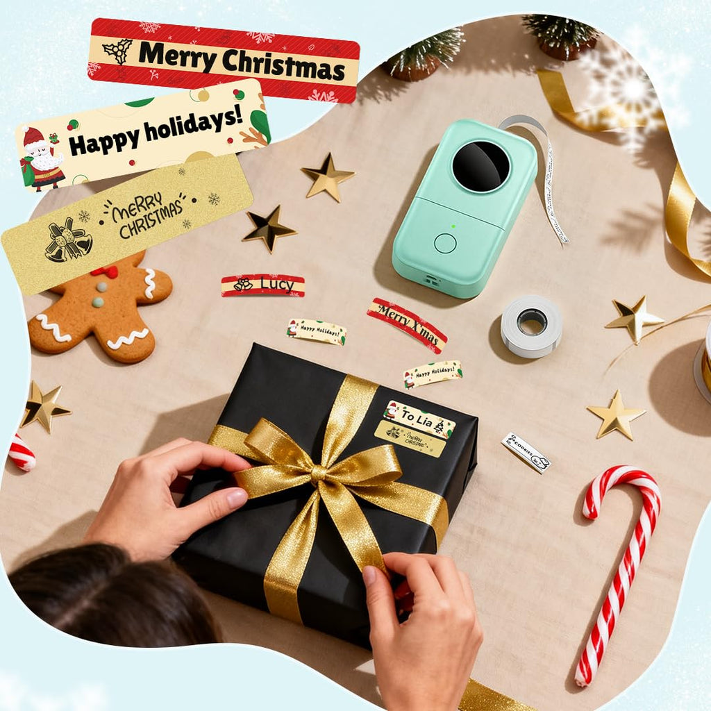 Phomemo D30 Label Maker with Christmas Pattern Tapes, Gold, Snow Mix Color Sticker Thermal Paper Self-Adhesive Label Tape, 14 x 50mm (1/2" x 17/8") 160 Tapes/Roll, 3-Roll
