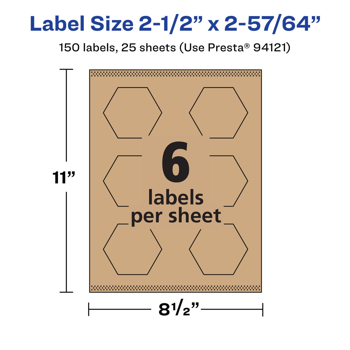 Avery® Kraft Brown Hexagon Labels, Sure Feed® Technology, 2-1/2" x 2-57/64", 150 Kraft Brown Labels, Print-to-The-Edge, Laser/Inkjet Printable 150 labels