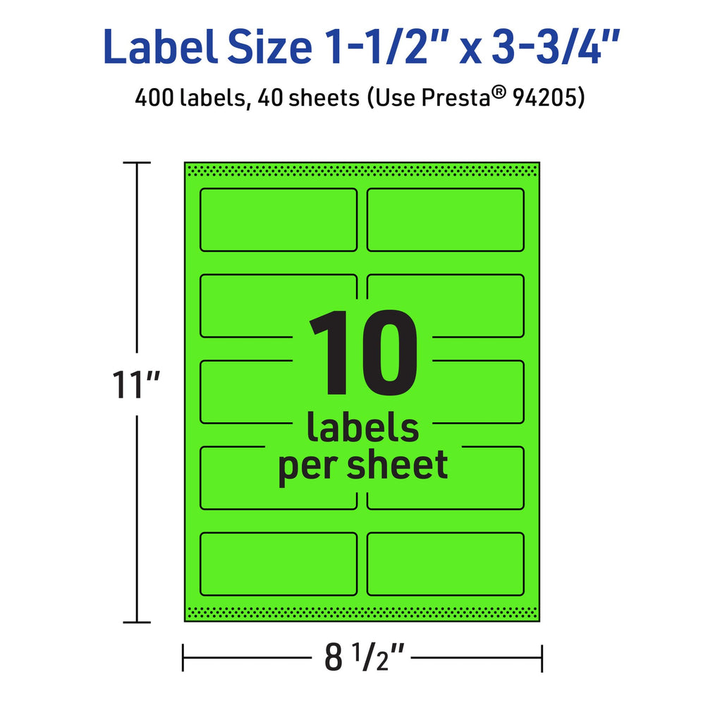 Avery® Printable Rectangle Labels, Sure Feed® Technology, 1-1/2" x 3-3/4", Neon Green Labels, Print-to-The-Edge, Laser/Inkjet Printable, 400 Total, Great for Mailing and Candles 400 labels