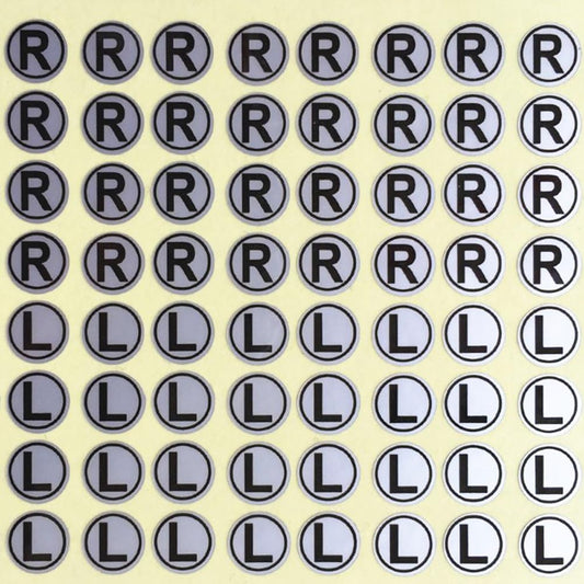 5 Sheets 8mm L & R Waterproof L R Labels, Round Stickers for Earphone DIY Crafts, Silver Background Black Word