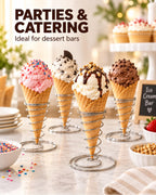 4 Pack Ice Cream Cone Holders, Stainless Steel Spiral Waffle Display Stands with Round Base for Sugar Cones, Pizza, Sushi, Parties, Catering and Dessert Tables