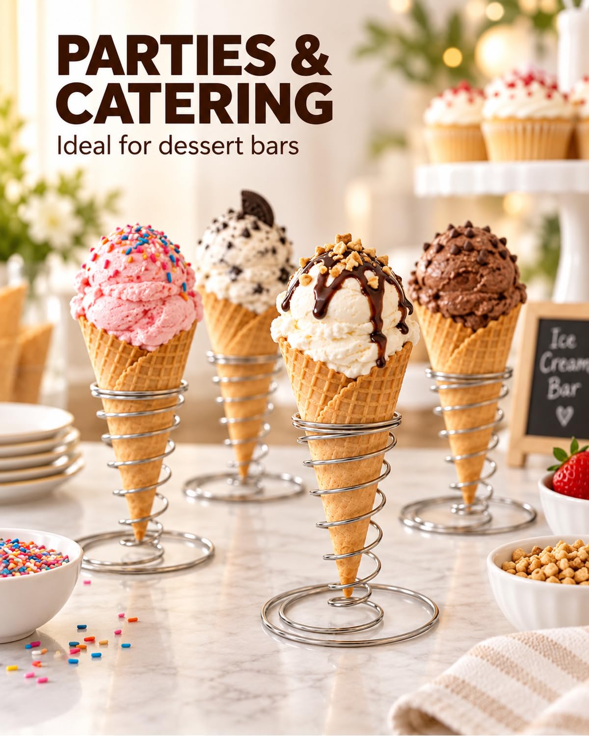 4 Pack Ice Cream Cone Holders, Stainless Steel Spiral Waffle Display Stands with Round Base for Sugar Cones, Pizza, Sushi, Parties, Catering and Dessert Tables