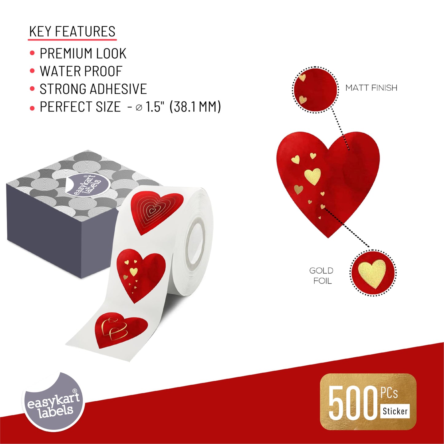 easykart labels 500 Red Heart Shape Stickers with Gold Foiling, 1.5", 3 Different Designs in one roll, Suitable for Love Theme Party Decorations, Annieversary,Birthday's 500 Stickers