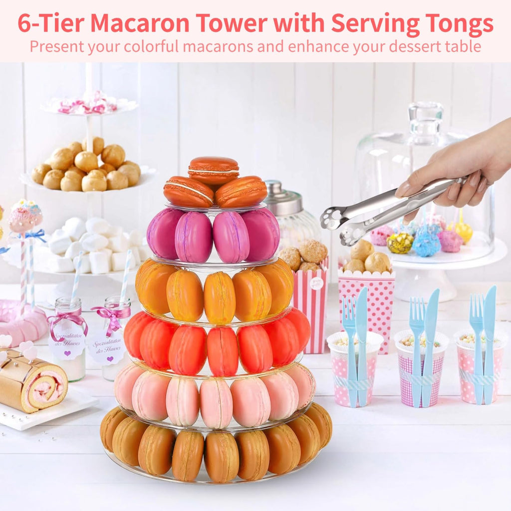 OMISTAR 2 PCS 6-Tier Clear Macaron Display Stands, Plastic Macaron Tray Tower with Stainless Steel Serving Tongs, Transparent Cupcake Dessert Stand for Weddings, Birthday Parties, Bakeries Clear,6-Tiers
