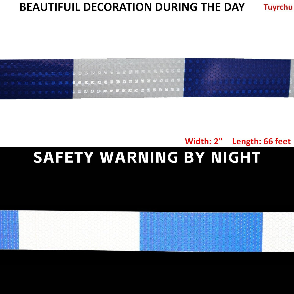 Reflective Tape Blue and White 2 inch Wide for Cars, Outdoor Waterproof High Visibility Safety Warning Adhesive Strips (66 feet) 2"X66ft PVC material - Blue White++ 1