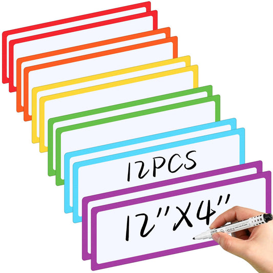 Janlaugh 12 Pcs Large Magnetic Dry Erase Labels for Classroom, 12 x 4 Inch Rectangle Magnetic Name Plates Label Flexible Magnet Stickers for Whiteboards Refrigerator (White Background+Border,Style 2) White Background+border Style 2