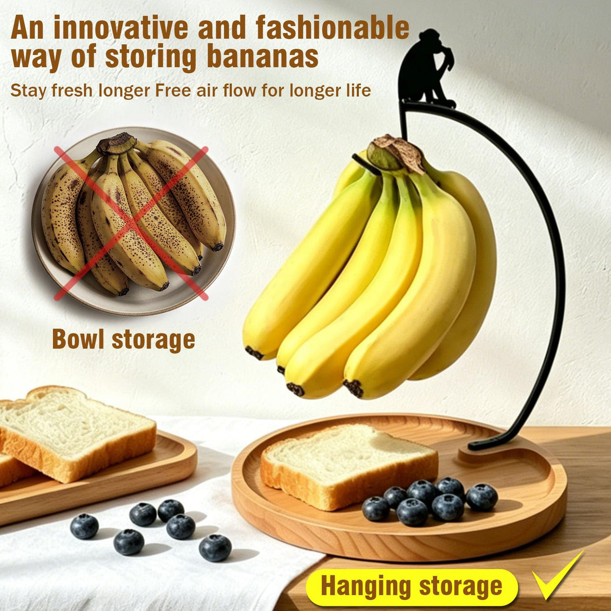 Banana Holder Stand with Wood Fruit Tray,Stand for Countertop,14.9" height Monkey