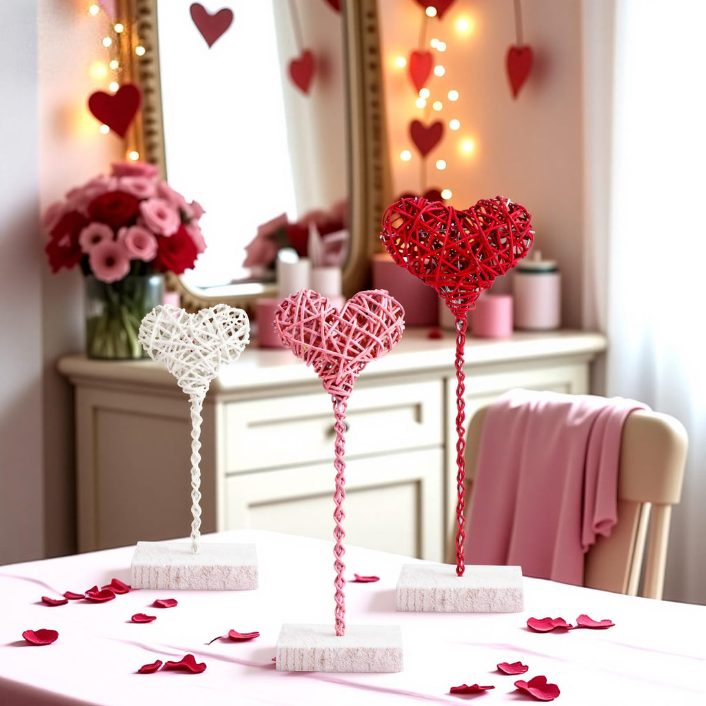 Thyle 3 Pcs Valentines Day Rustic Heart Table Sign Decor Gift Rattan Woven Handmade Love Tall Standing Heart Block Set for Home Farmhouse Tabletop Decoration Engagement Centerpiece, Red Pink White Rattan Heart