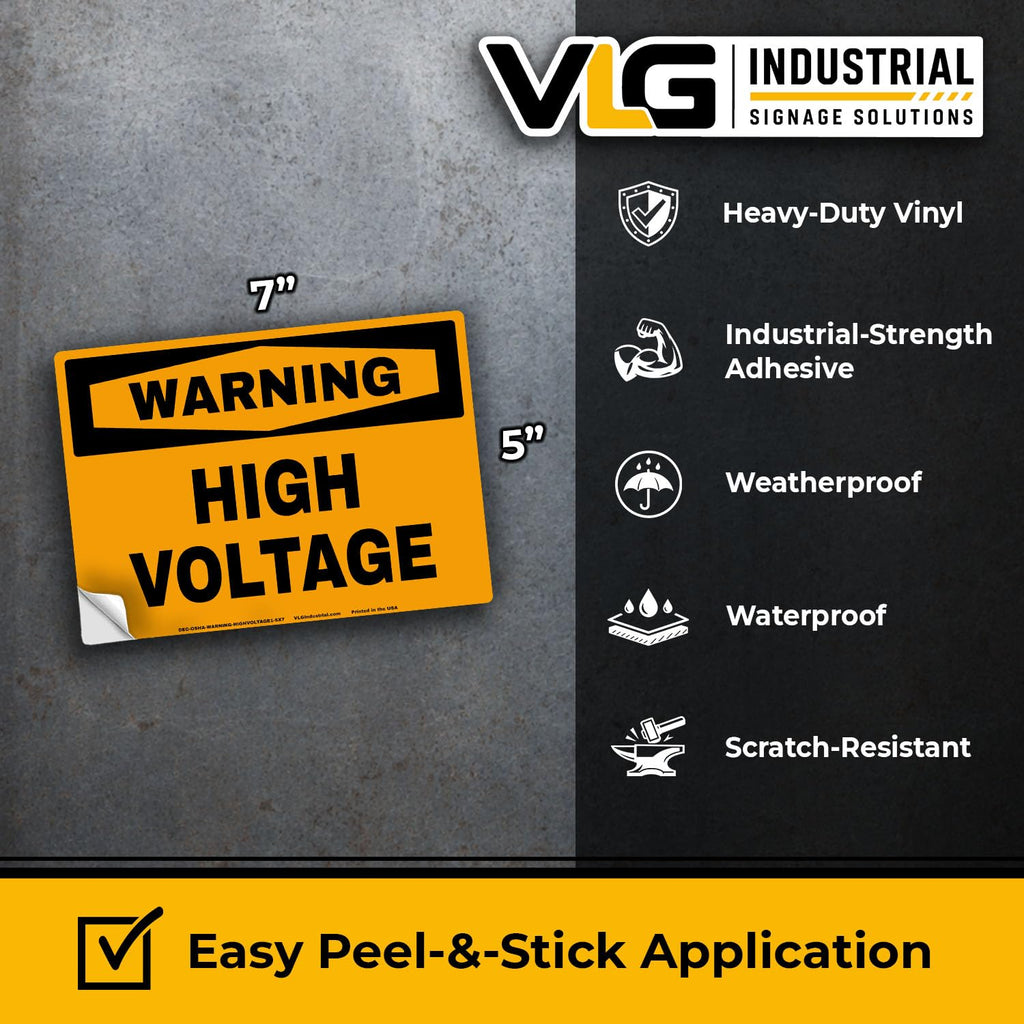 WARNING - HIGH VOLTAGE Safety Labels, 5-Pack, OSHA Style Electrical Hazard Stickers, Bright Orange & Black High Visibility Warning Decals, Waterproof UV Laminated Industrial Safety Signs, 5" x 7"
