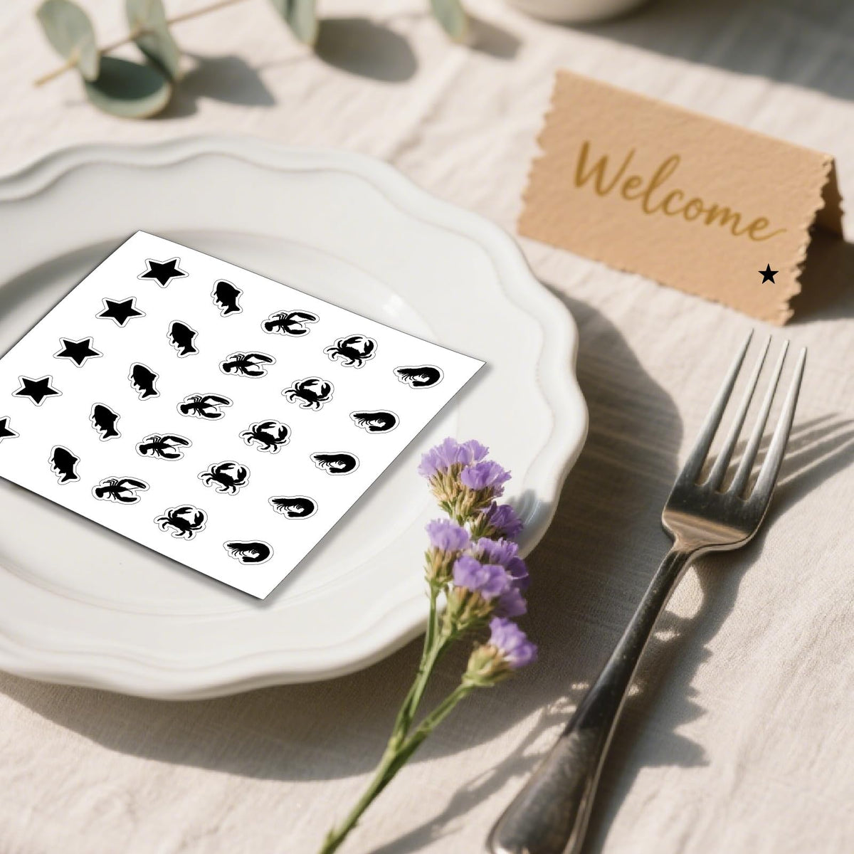 500Pcs Wedding Food Stickers Meal Stickers for Food Fish Lobster Crab Shrimp Stars Pattern 0.8 Inch Black Wedding Menu Indicator Decal Plastic Waterproof Label for Place Card Party Supplies Black-2