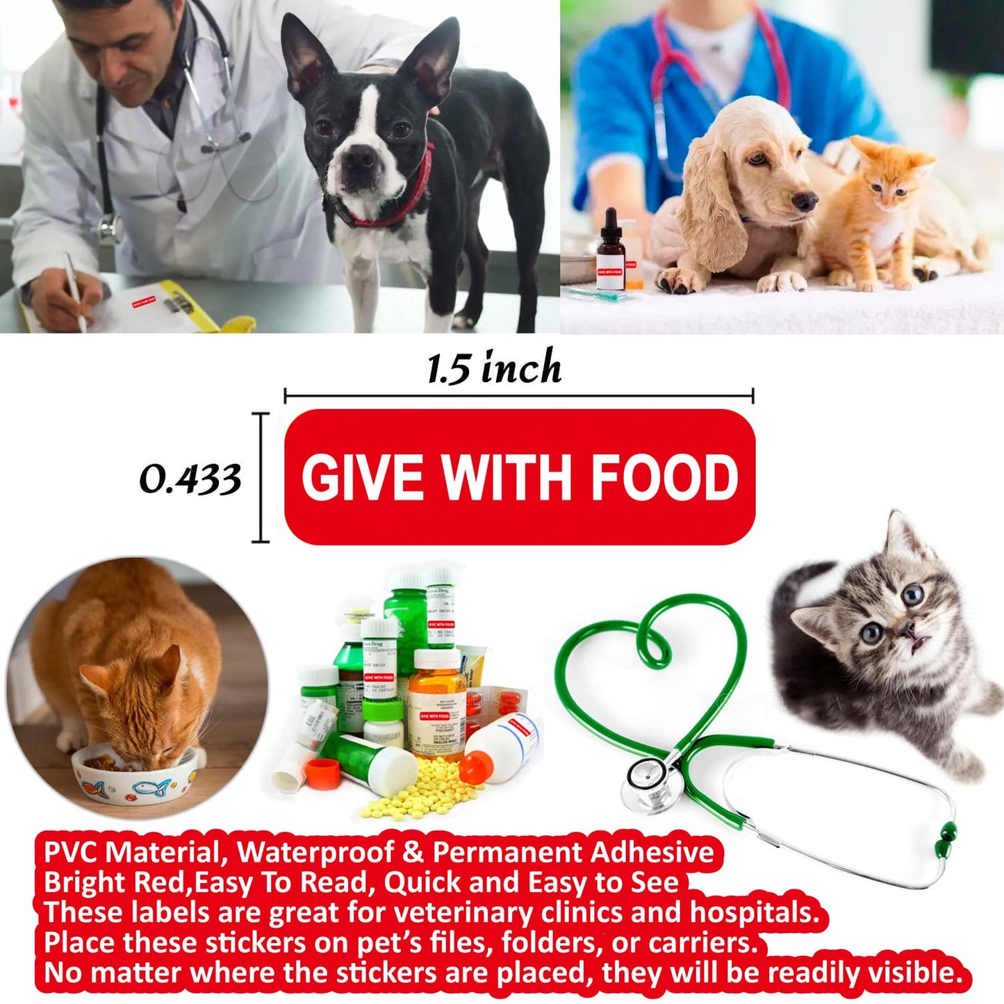 Give with Food-Veterinary Labels/Stickers, 1.5 x 0.43 inch Medication Instruction Labels for Medical Containers Pharmacies Hospitals for Drugstor Management, 500 Labels per roll (Red) Red