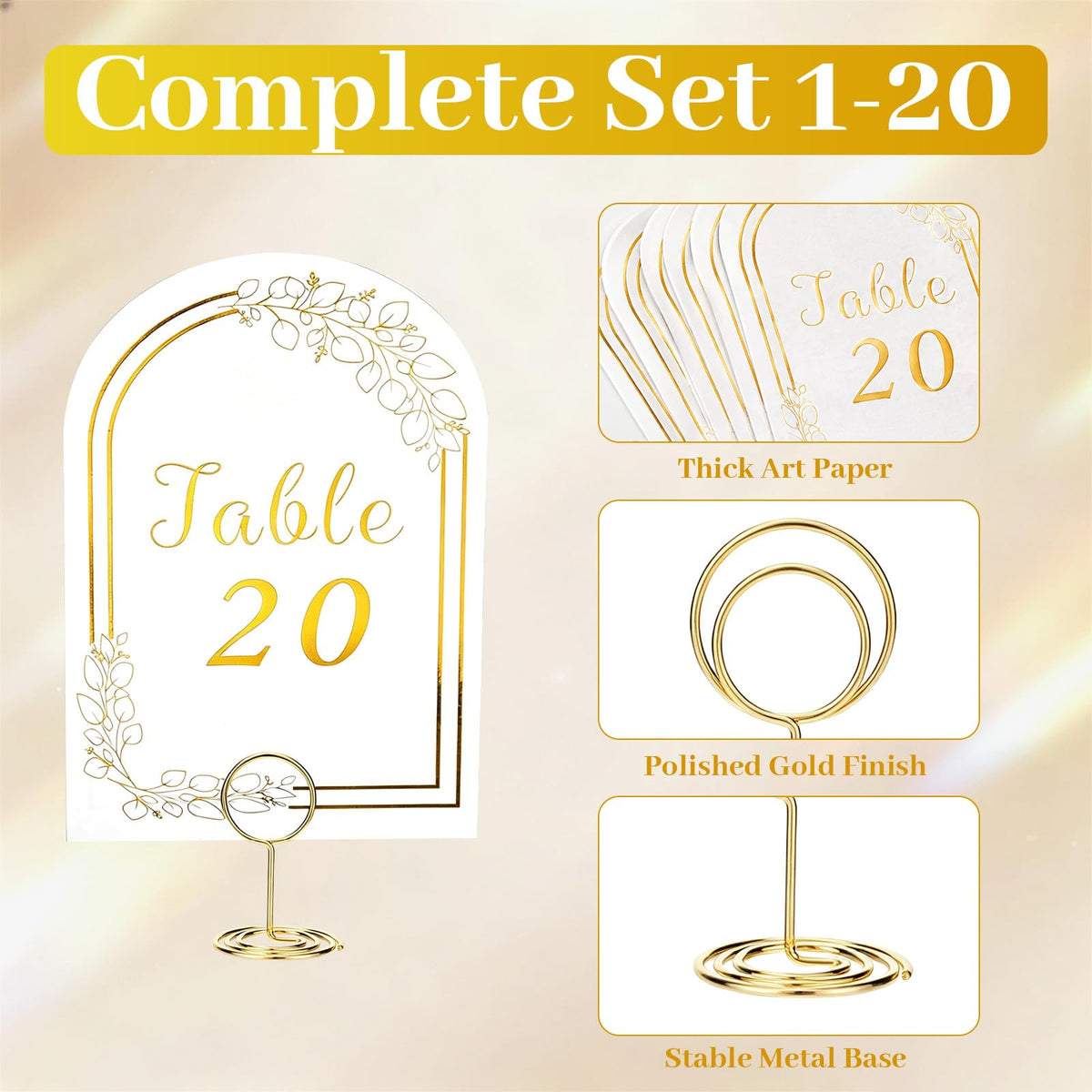 Gold Table Numbers 1-20 with Place Card Holders, Table Number Holders