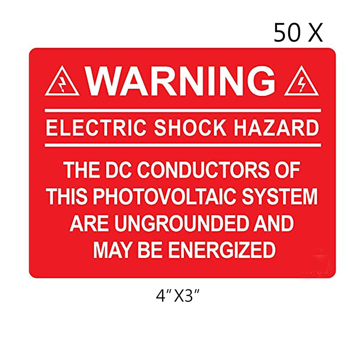 50PCS Solar Pv Labels for Electricians - Electric Shock Hazard Photovoltaic Warning Stickers for Ungrounded DC Conductors, UV Resistant & Waterproof (4"x3")