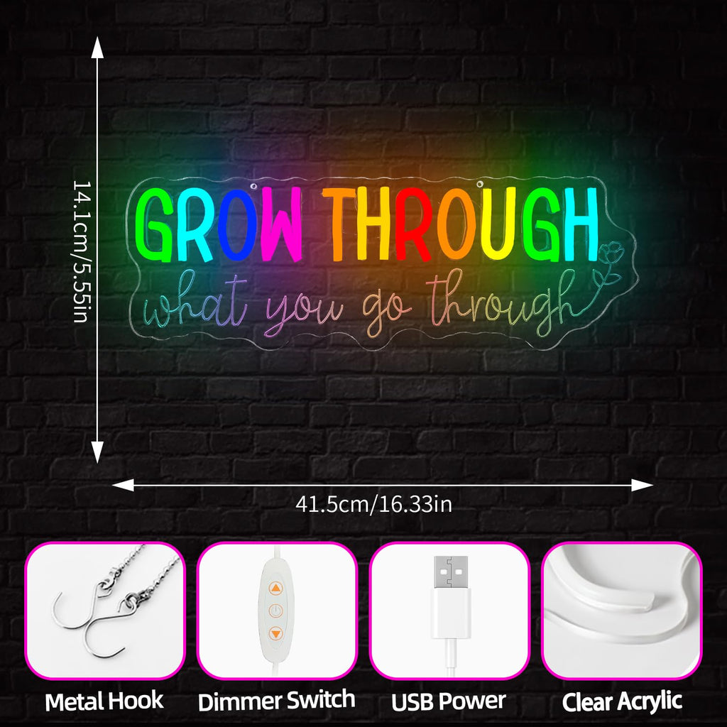 Grow Through What You Go Through Neon Sign Dimmable Motivational Led Wall Art Inspirational Neon Sign for Classroom Mental Health Office Wall Decor for Women GoThrough