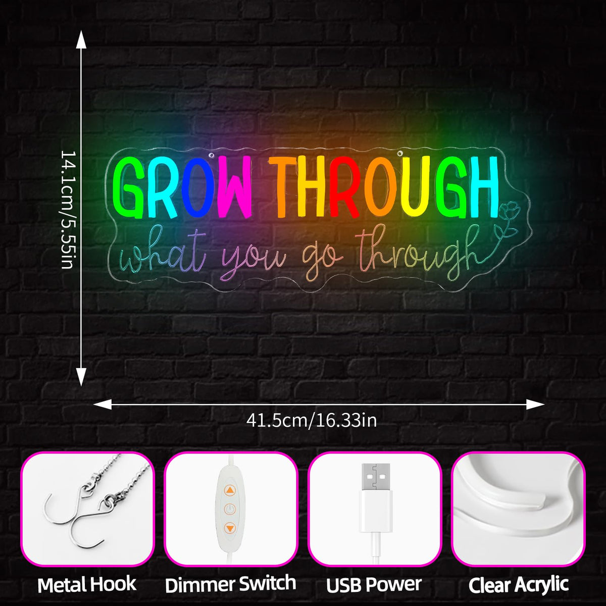 Grow Through What You Go Through Neon Sign Dimmable Motivational Led Wall Art Inspirational Neon Sign for Classroom Mental Health Office Wall Decor for Women GoThrough