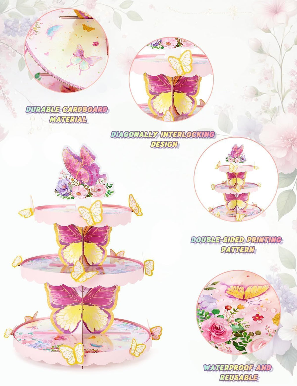 WERNNSAI 3-Tier Butterfly Cupcake Stand Cardboard Dessert Tower Butterfly A