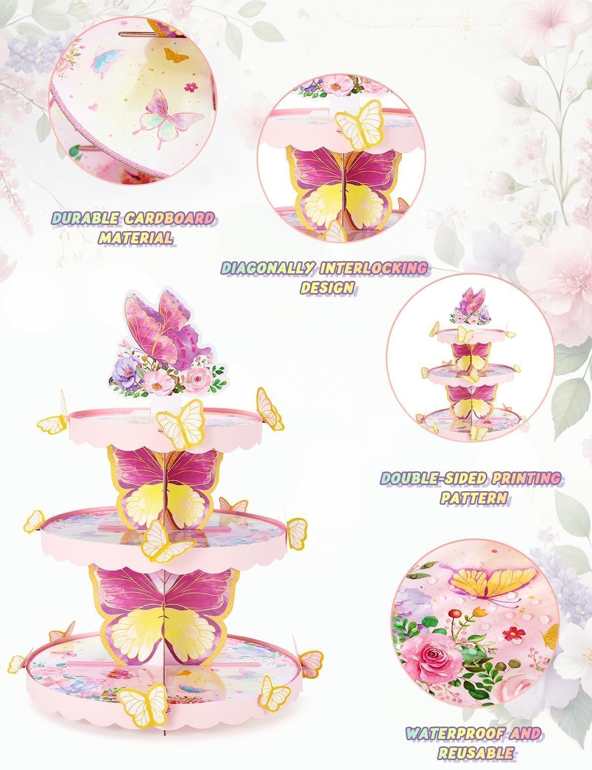 WERNNSAI 3-Tier Butterfly Cupcake Stand Cardboard Dessert Tower Butterfly A