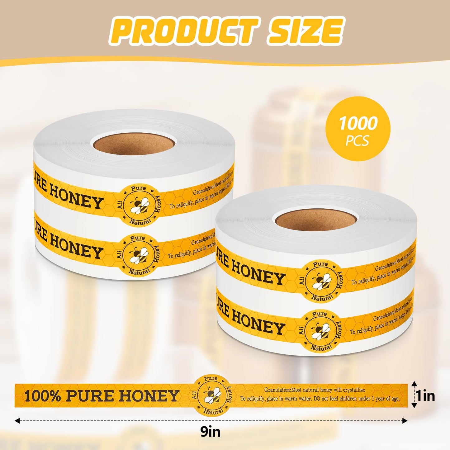 Lincia 1000 Pcs Safe Secure Tamper Proof Stickers for Pure Honey 1 x 9 Inches Tamper Evident Seal Stickers Honey Labels Bee Tape for Bottle Lid Coffee Milk Jars Drink Food Delivery Freshness, 2 Roll